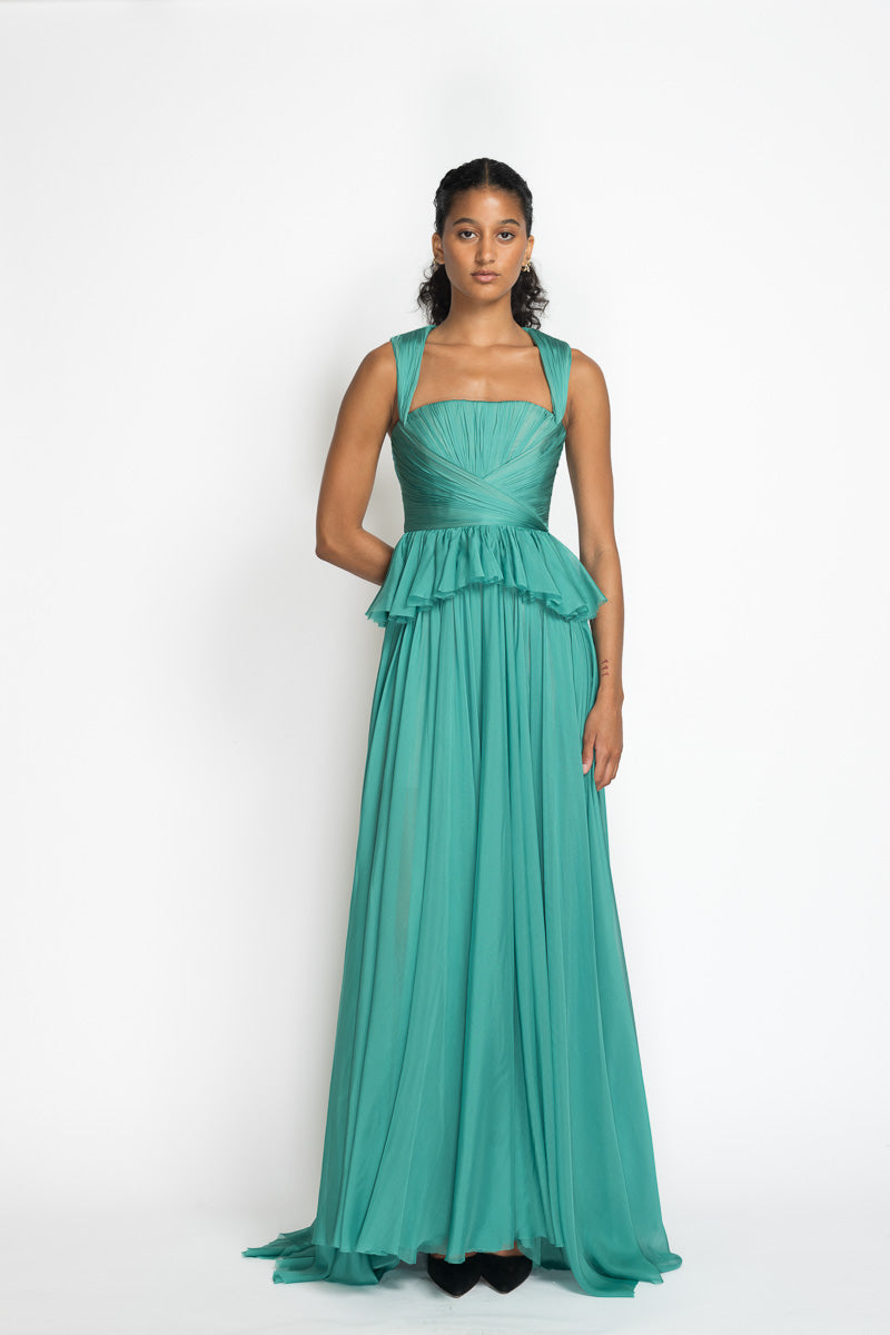 Lagoon Blue Hand Pleated Silk Mousseline Gown 2