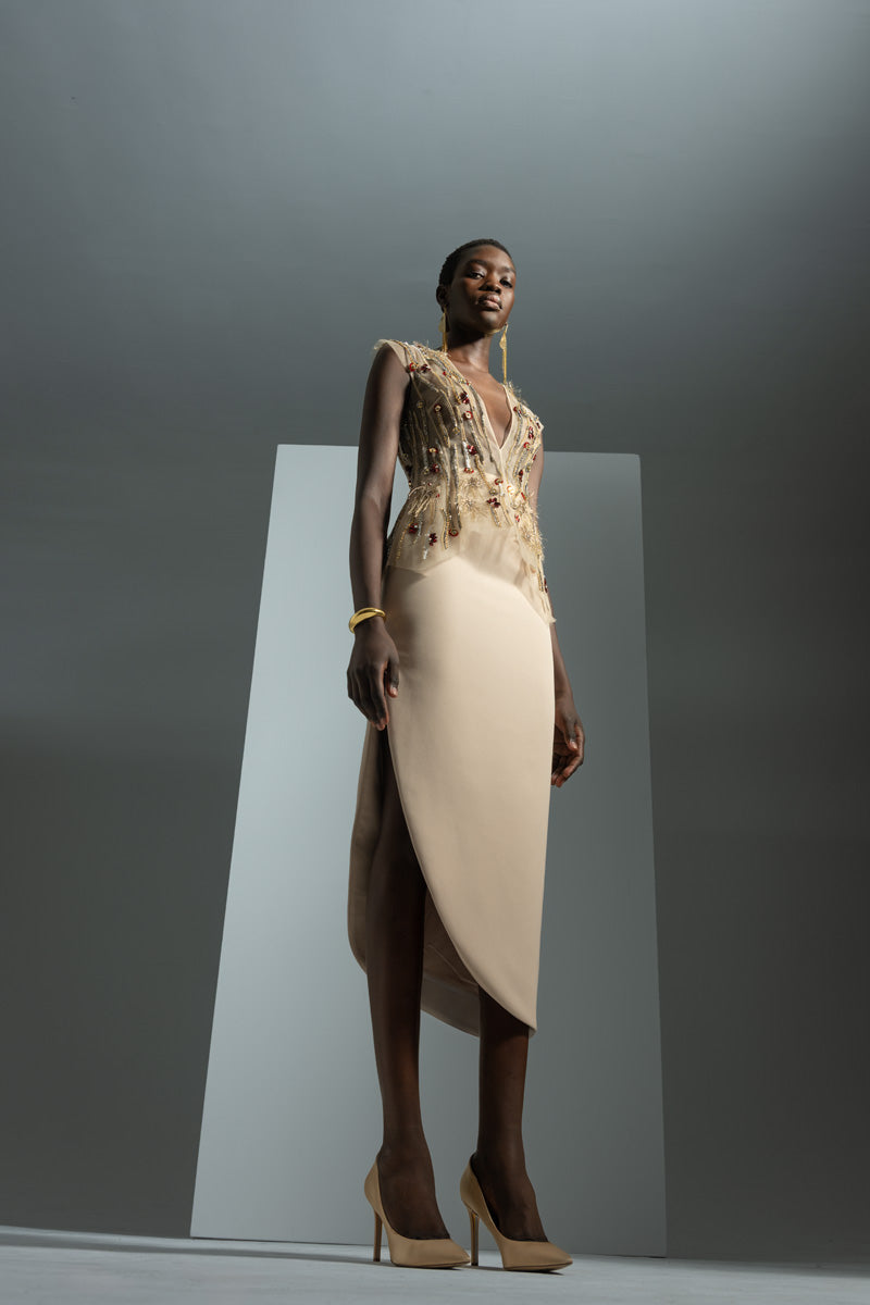 Sand Crystal Radicle Embroidered Deep Plunge Tulle Top Front Runway