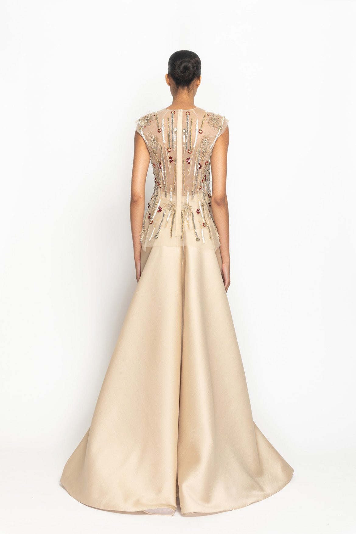 Sand Crystal Radicle Embroidered Deep Plunge Tulle Top Back