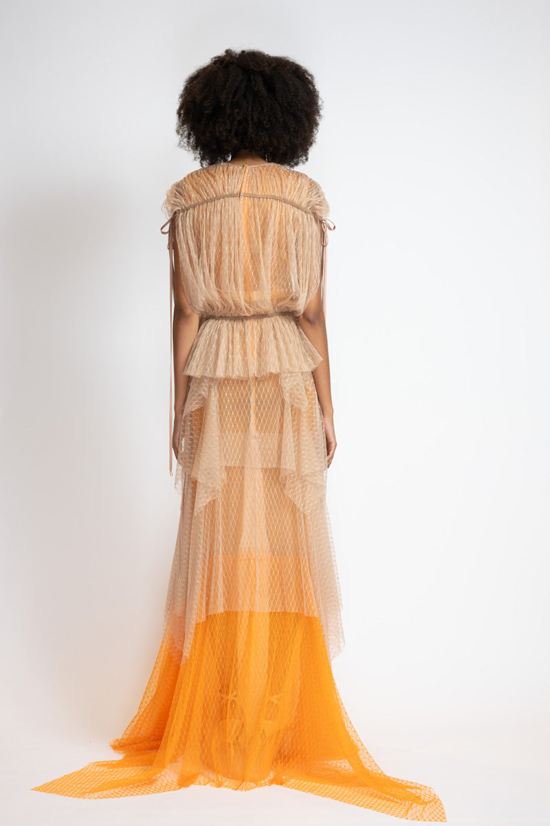 Tangerine And Almond Lattice Point D’Esprit Bohemian Gown 4