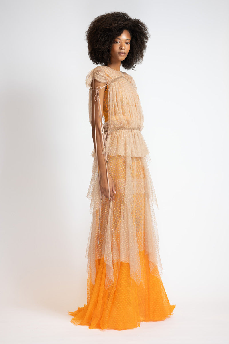 Tangerine And Almond Lattice Point D’Esprit Bohemian Gown 3