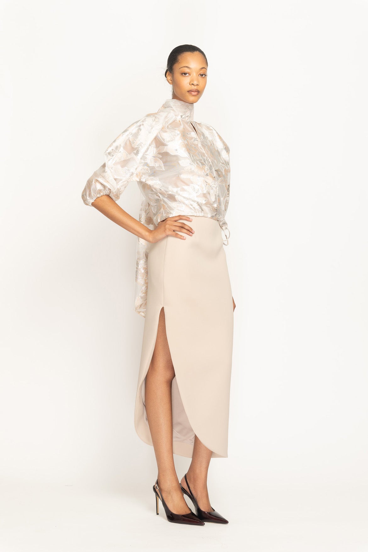 Almond Cady Curved Hem Pencil Skirt Side One