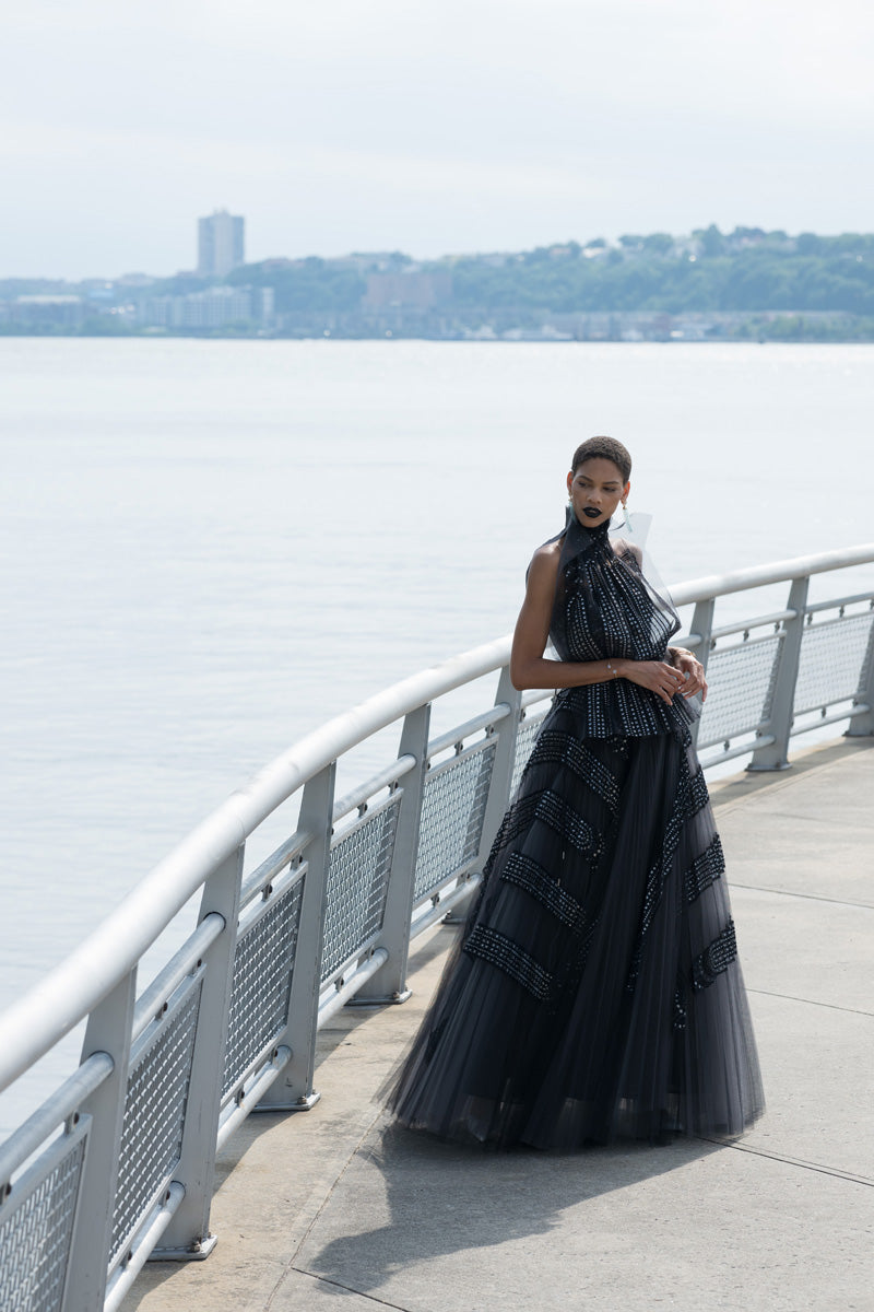 Metallic Nailhead Lace And Tulle Applique Pleated Gown WIth Blouson To
