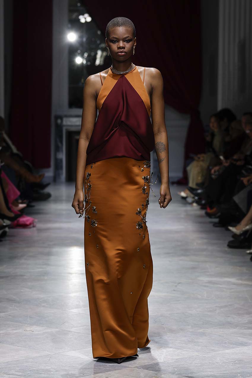 Copper Double Duchess Satin Gown with Jugnu Embroidery and Claret Satin Crepe Halter Drape Front Runway
