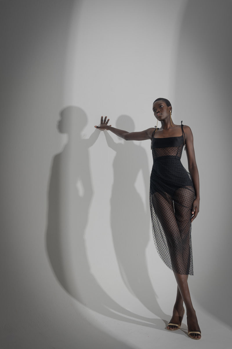 Onyx Point d’Esprit Sheer Slip Dress with Asymmetrical Draped Skirt Front Runway