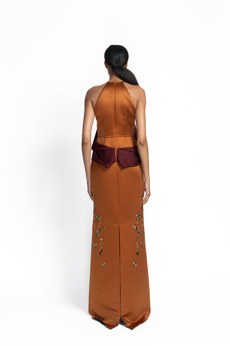 Copper Double Duchess Satin Gown with Jugnu Embroidery and Claret Satin Crepe Halter Drape Back