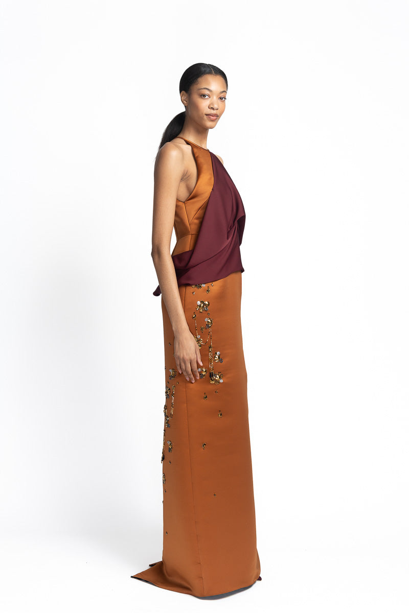Copper Double Duchess Satin Gown with Jugnu Embroidery and Claret Satin Crepe Halter Drape Side One