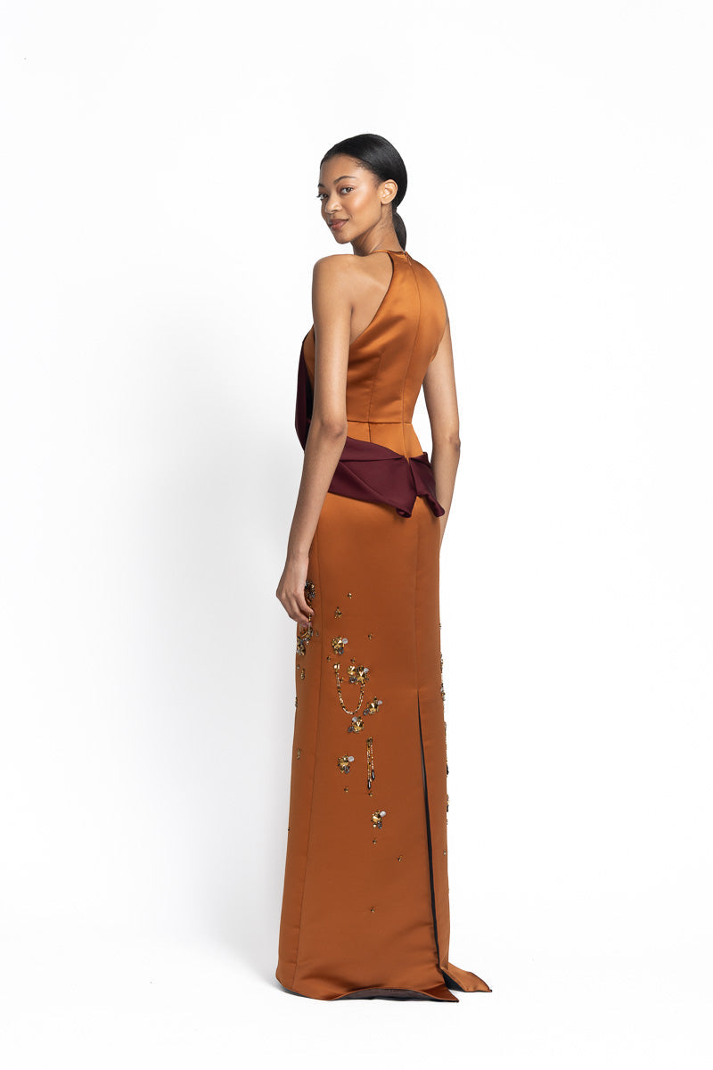 Copper Double Duchess Satin Gown with Jugnu Embroidery and Claret Satin Crepe Halter Drape Side Two