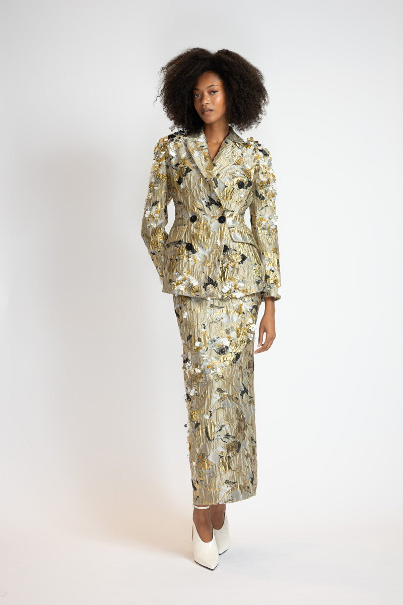 Embroidered Marble Jacquard Double Breasted Blazer Skirt Suit 2