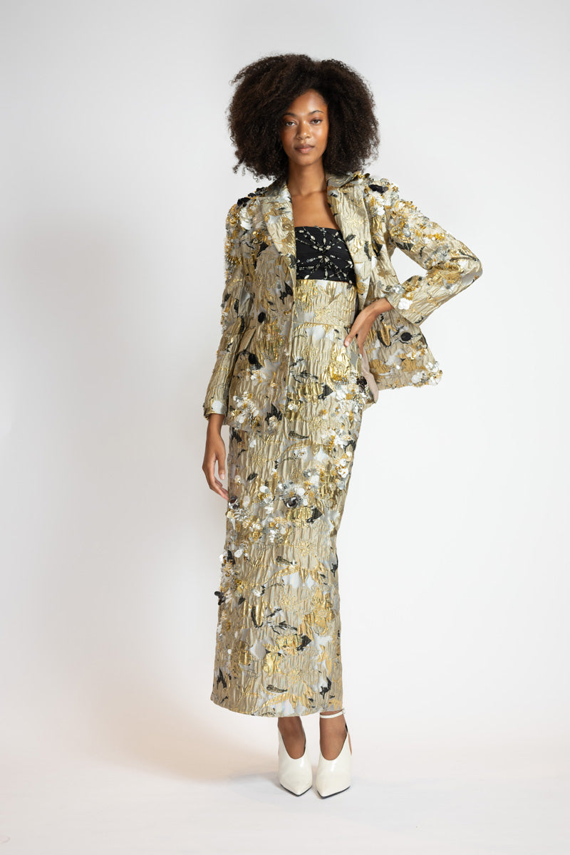 Embroidered Marble Jacquard Double Breasted Blazer Skirt Suit 3