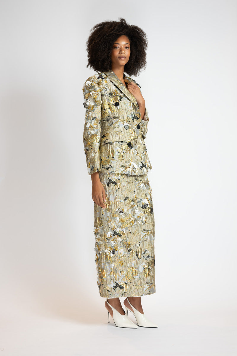 Embroidered Marble Jacquard Double Breasted Blazer Skirt Suit 4