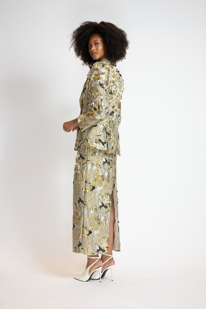 Embroidered Marble Jacquard Double Breasted Blazer Skirt Suit 5