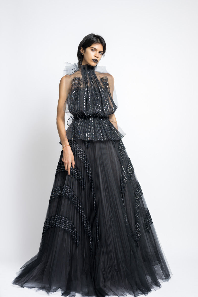 Metallic Nailhead Lace And Tulle Applique Pleated Gown WIth Blouson Top 4