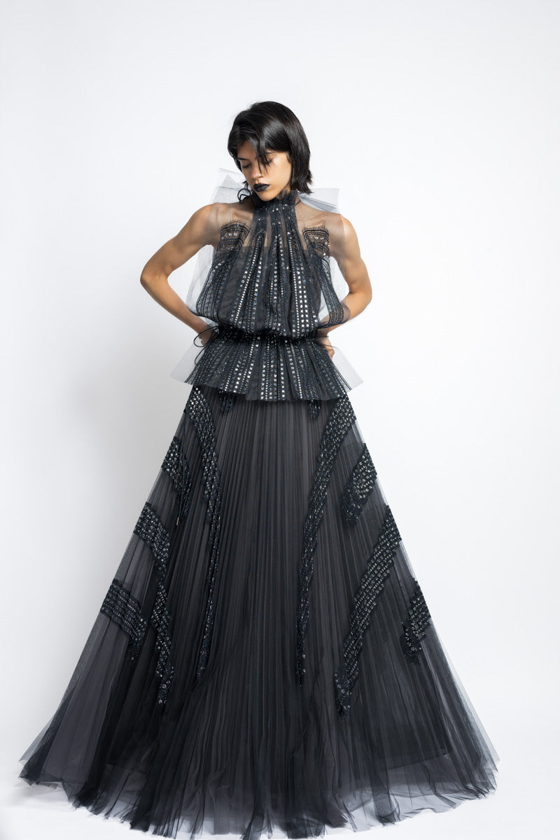 Metallic Nailhead Lace And Tulle Applique Pleated Gown WIth Blouson Top 5