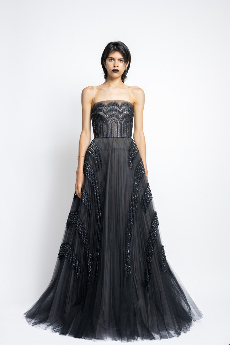Metallic Nailhead Lace And Tulle Applique Pleated Gown WIth Blouson Top 6