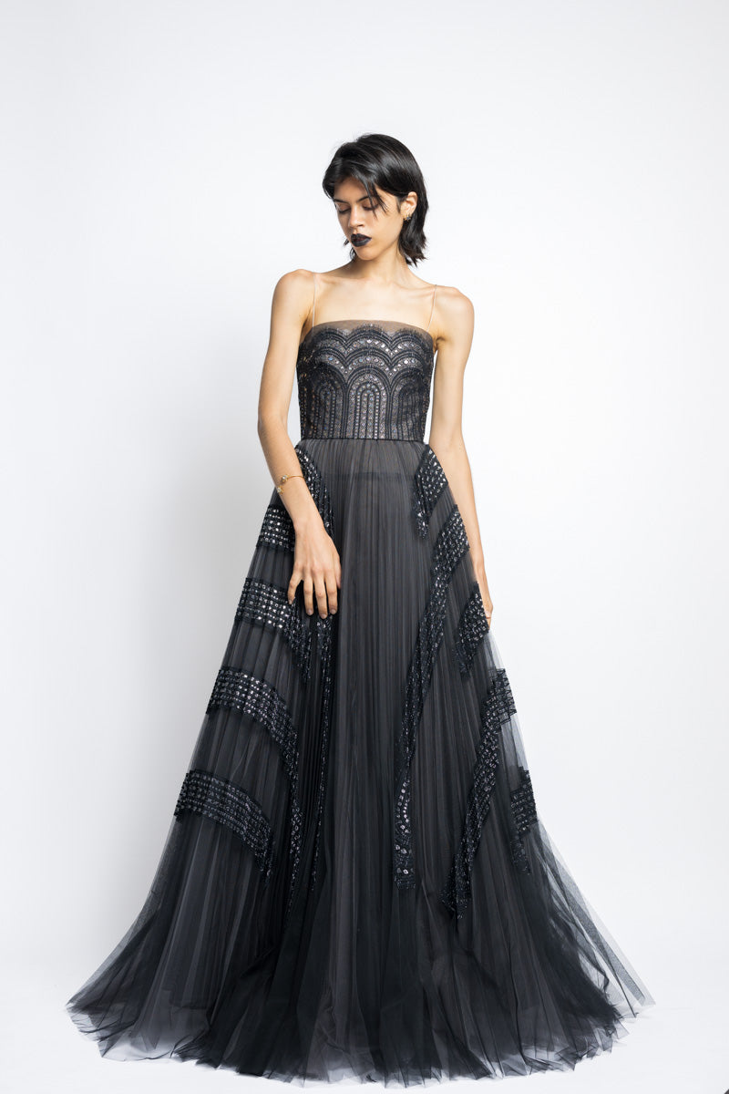 Metallic Nailhead Lace And Tulle Applique Pleated Gown WIth Blouson Top 7