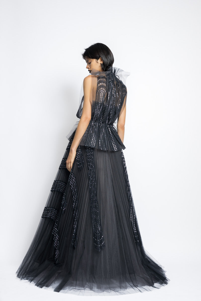 Metallic Nailhead Lace And Tulle Applique Pleated Gown WIth Blouson Top 8