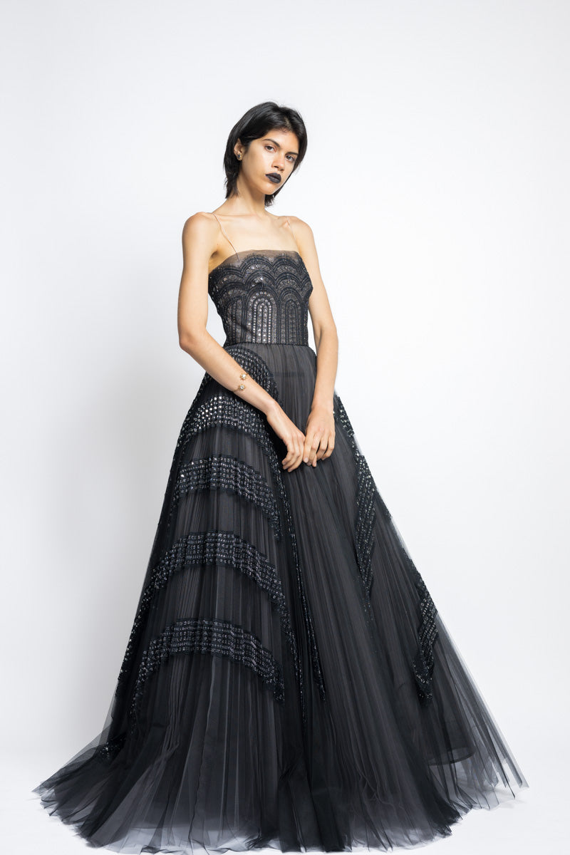 Metallic Nailhead Lace And Tulle Applique Pleated Gown WIth Blouson Top 9