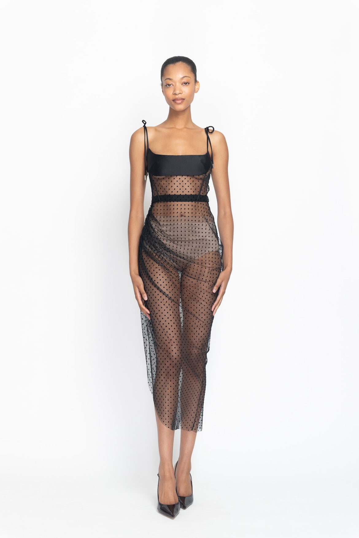 Onyx Point d’Esprit Sheer Slip Dress with Asymmetrical Draped Skirt Front