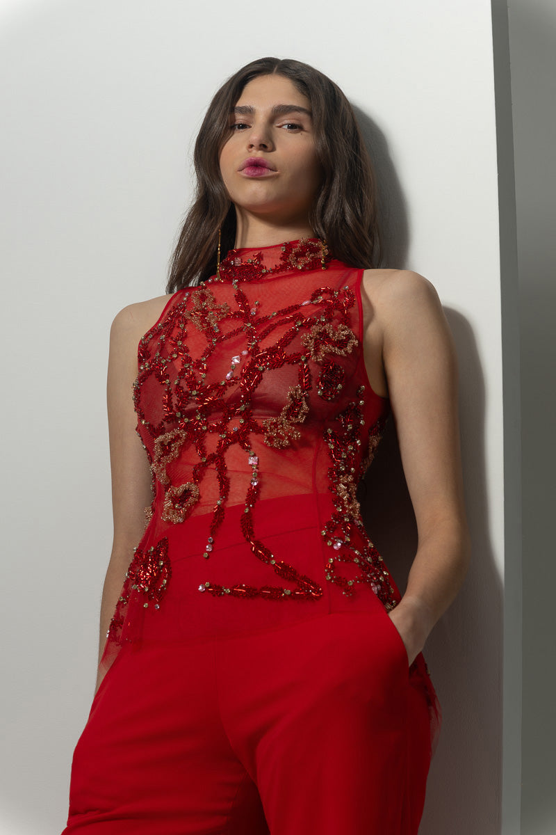 Sindoor Hex Weave Embroidered High Neck Tulle Top Front Runway