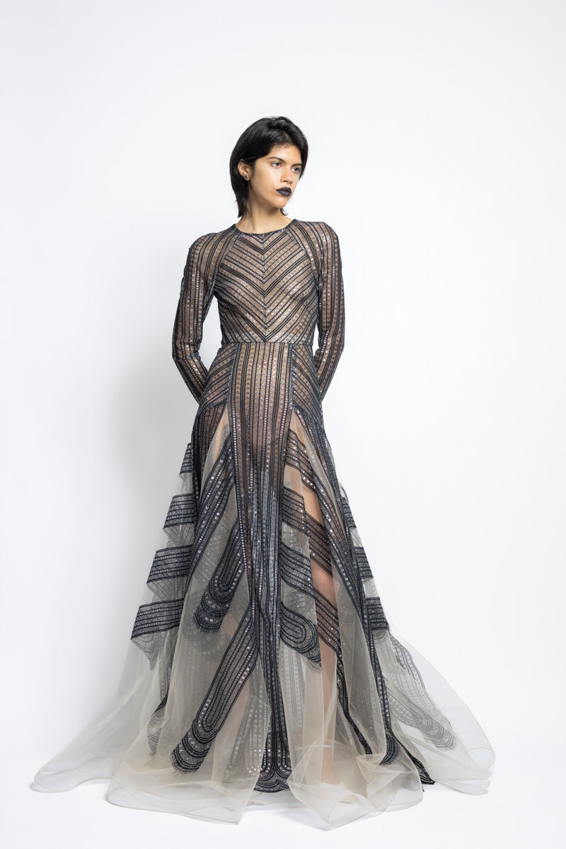Metallic Nailhead Lace And Tulle Gown 3