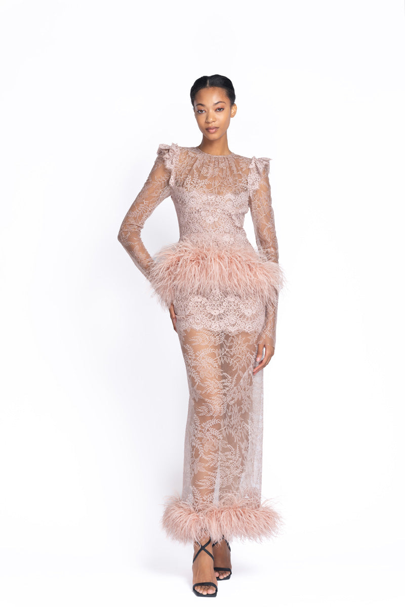 Primrose Chantilly Lace Dress with Feather Peplum and Hem 2