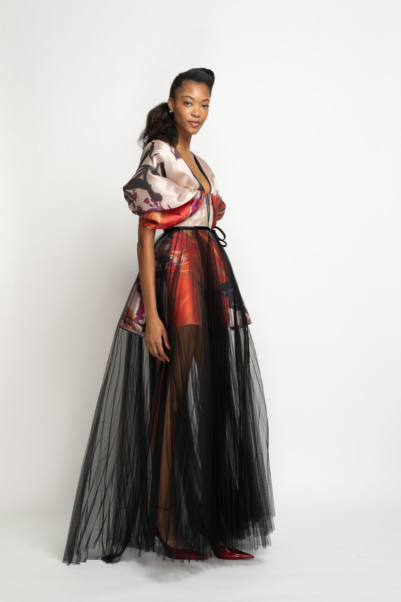 Rose Lata Print Barathea Gown with Canopy Skirt and Pleated Tulle Pareo 3