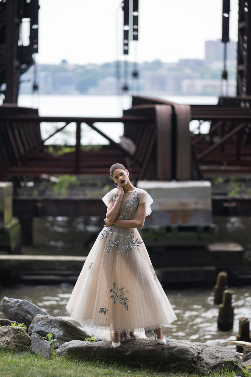 Bay Leaf Sequin And Crystal Embroidery Tulle Gown With Pleated Train Bay Leaf Sequin And Crystal Embroidery Tulle Gown With Pleated Train