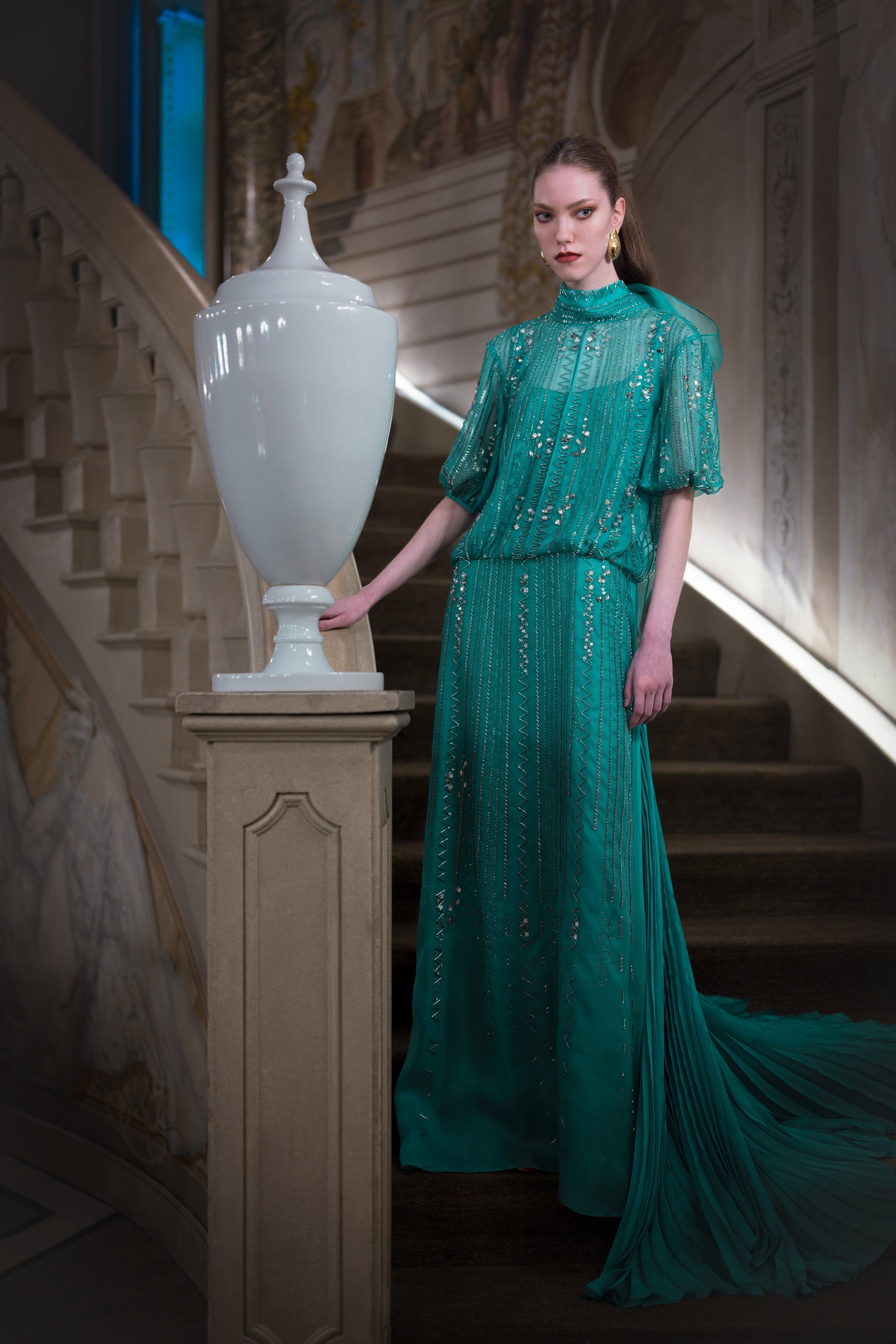 Lagoon Blue Silk Organza Gown With Pleated Mousseline Train And Monsoo
