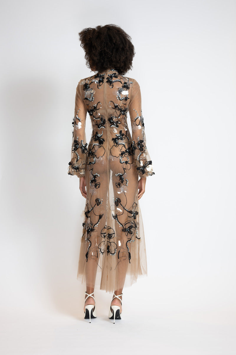 Glass Petal Embroidered Almond Tulle Dress 5