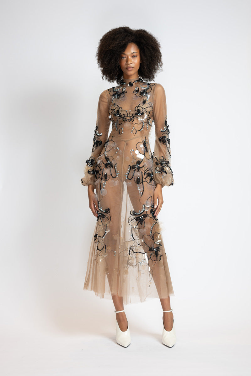 Glass Petal Embroidered Almond Tulle Dress 1