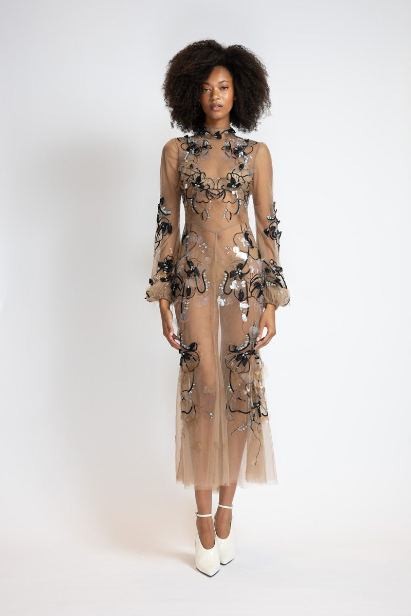 Glass Petal Embroidered Almond Tulle Dress 2