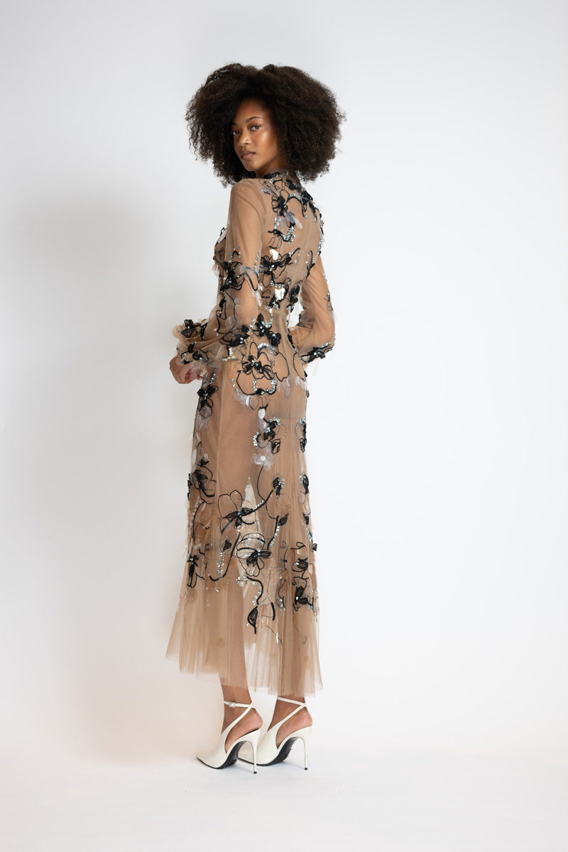 Glass Petal Embroidered Almond Tulle Dress 3