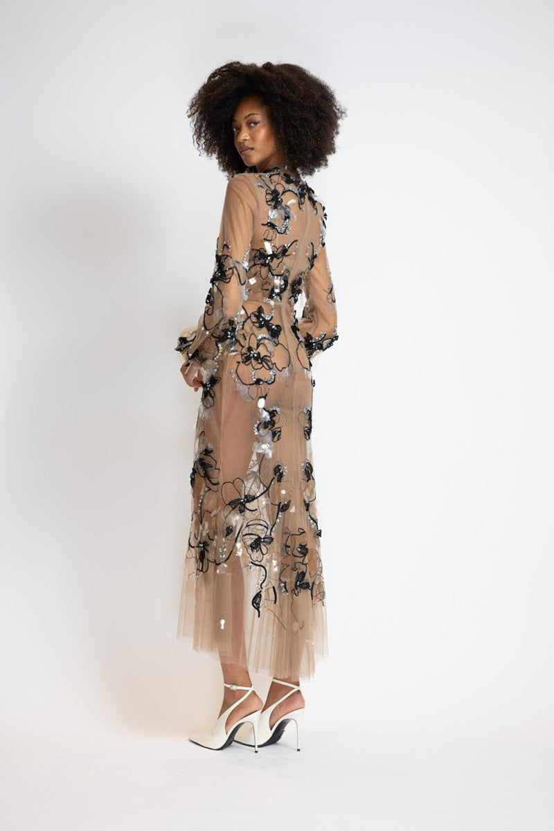 Glass Petal Embroidered Almond Tulle Dress 4
