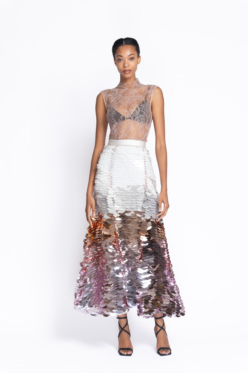 Ivory to Champagne Wave Embroidered Tulle Skirt 2