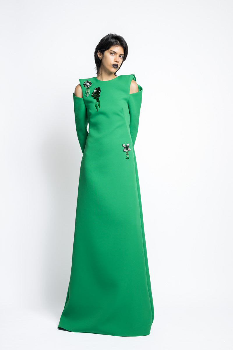 Morning Glory Crystal Embroidery Cady Gown With Sleeves 2