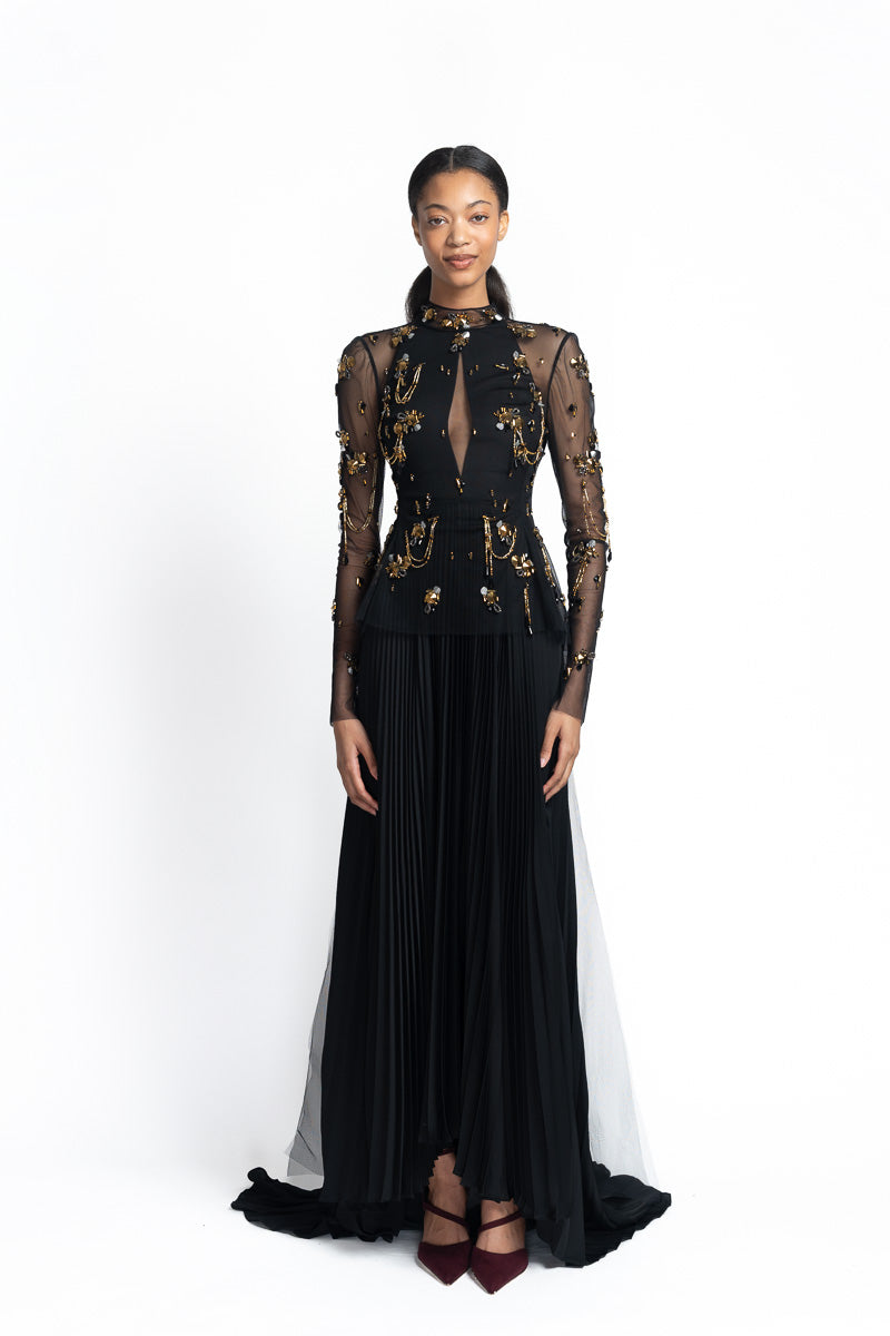 Claret Cady Gown with Chakra Embroidery and Wing-Back Detail Front