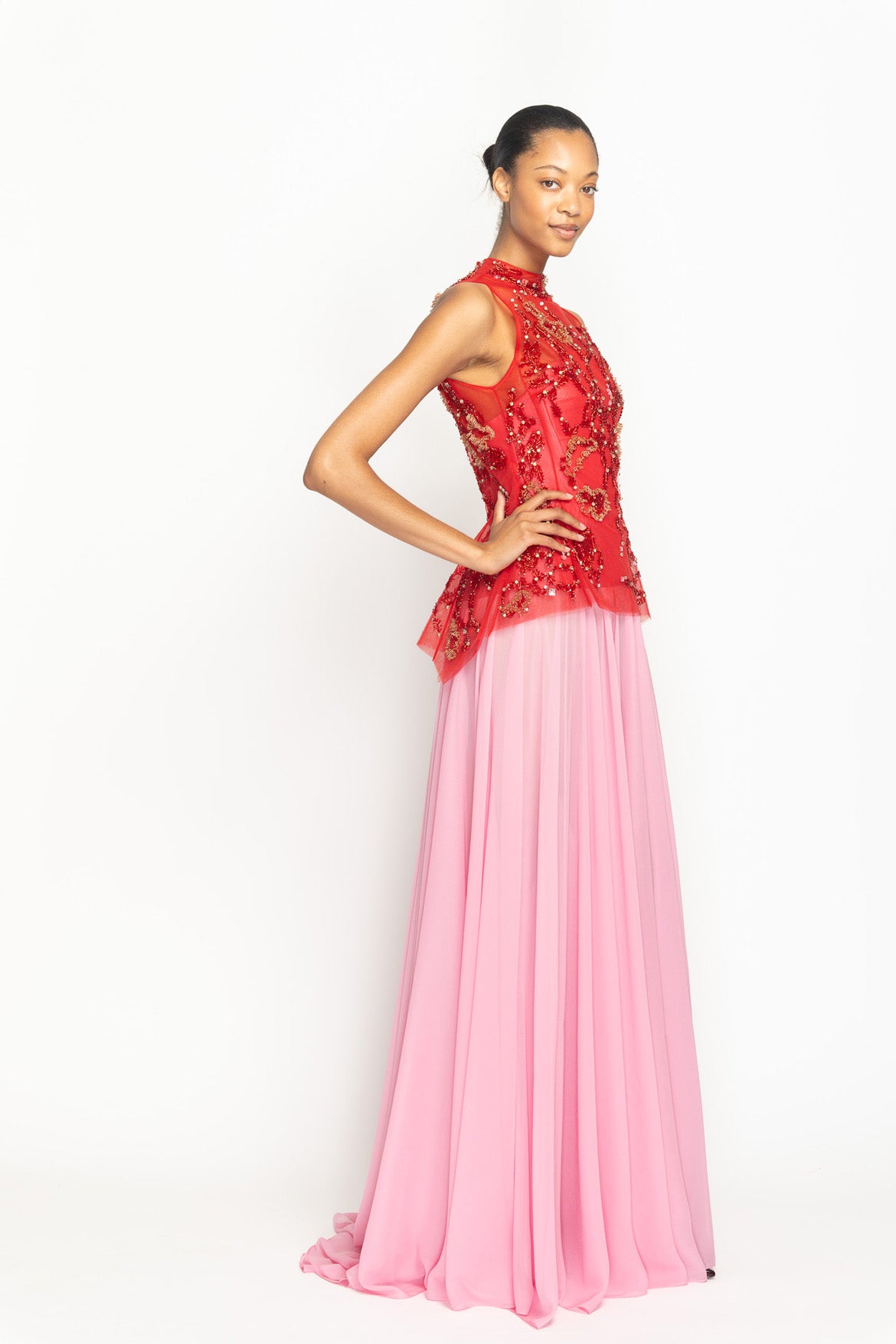 Sindoor Hex Weave Embroidered High Neck Tulle Top over Wild Rose Strapless Silk Barathea and Chiffon Gown Side One