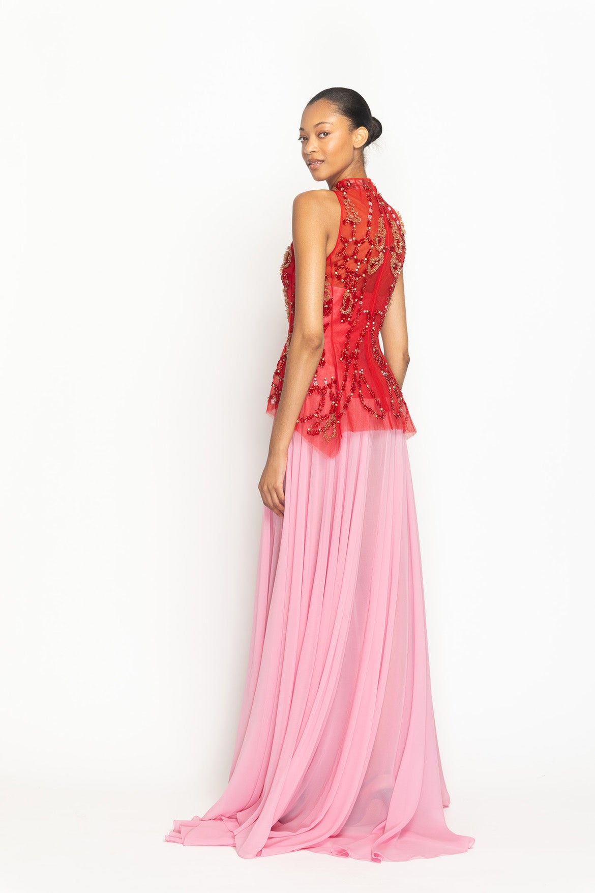 Sindoor Hex Weave Embroidered High Neck Tulle Top over Wild Rose Strapless Silk Barathea and Chiffon Gown Side Two