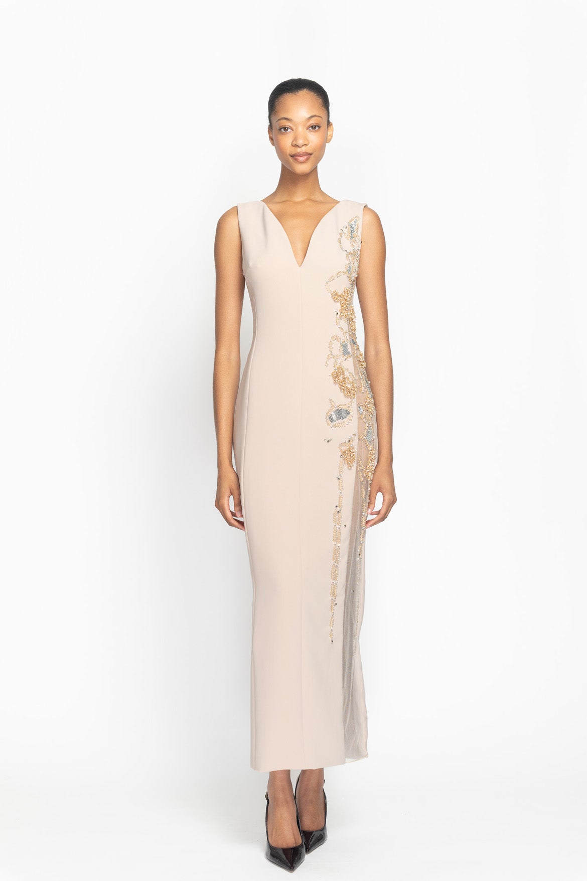Almond Cady Hex Weave Embroidered Dress with Sheer Peek-A-Boo Panel Front