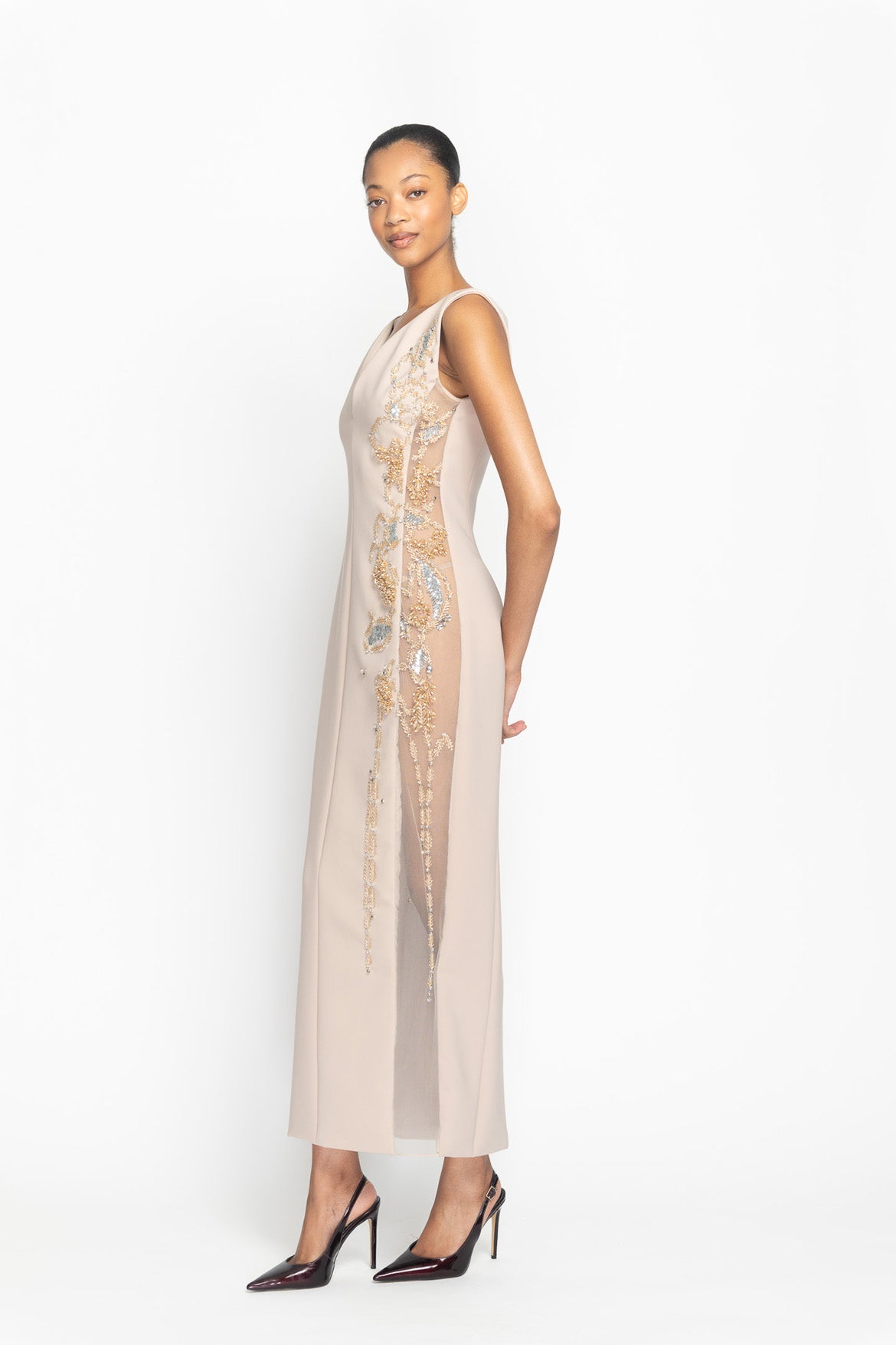 Almond Cady Hex Weave Embroidered Dress with Sheer Peek-A-Boo Panel Side Two