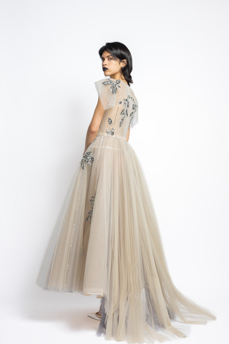 Bay Leaf Sequin And Crystal Embroidery Tulle Gown With Pleated Train 6