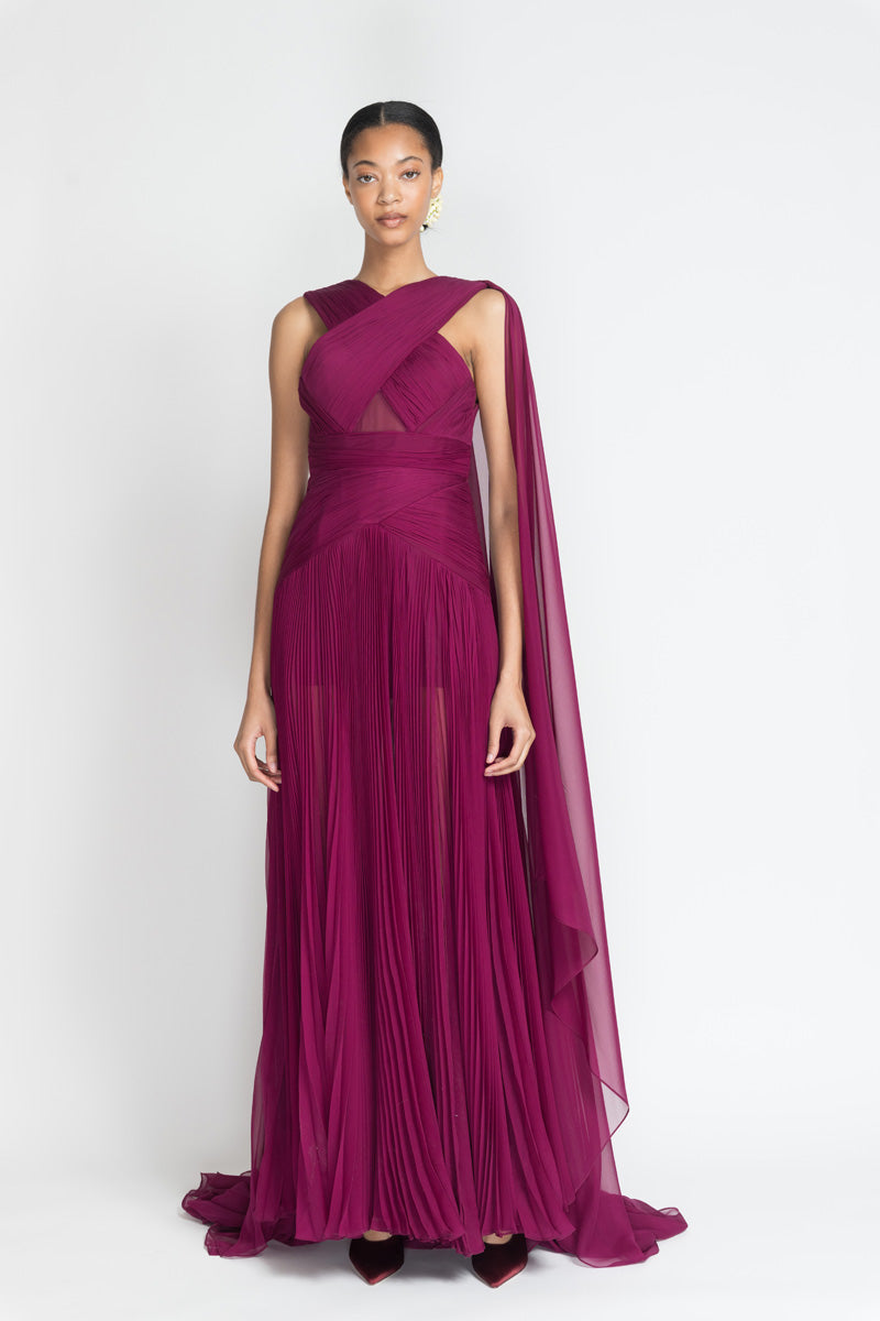 Berry Silk Chiffon Hand Pleated Gown 2