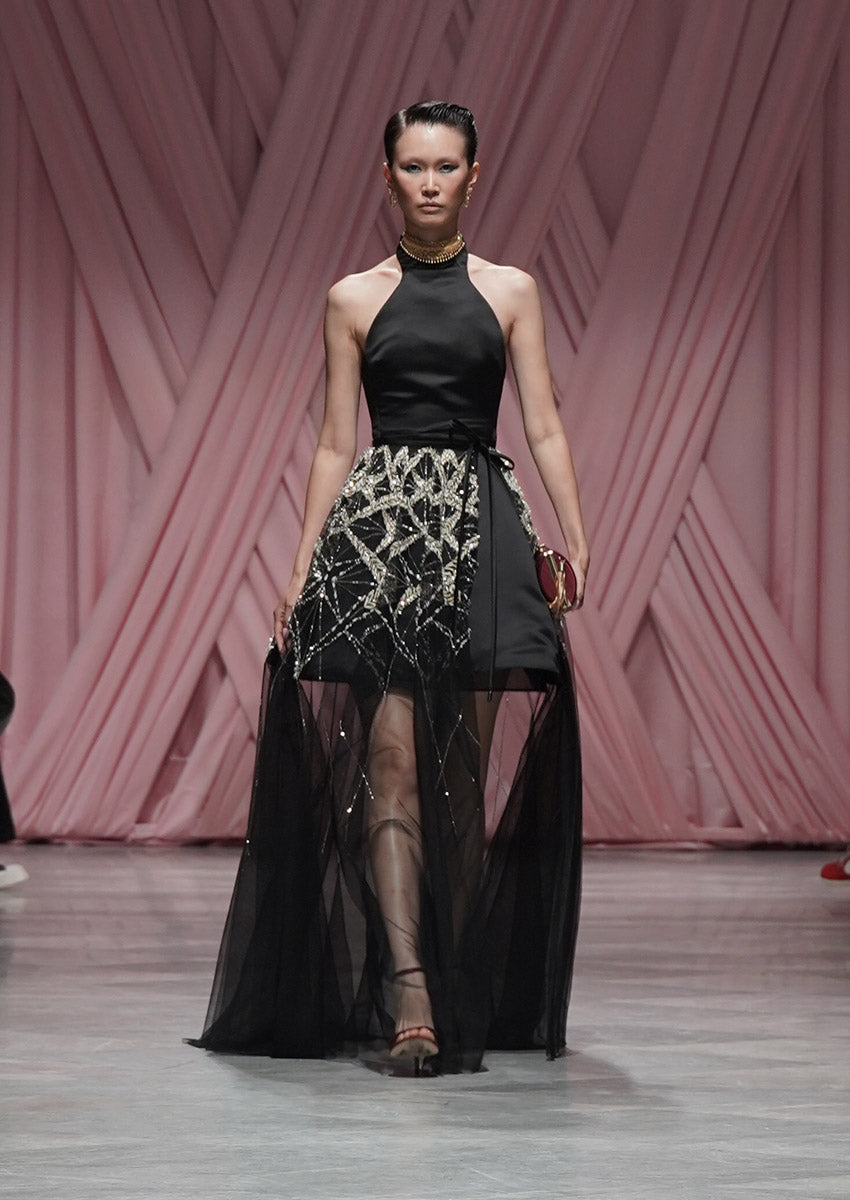 Onyx Double Face Duchess Satin Halter Dress with Bell Skirt and Sitara Embroidered Tulle Pareo 1