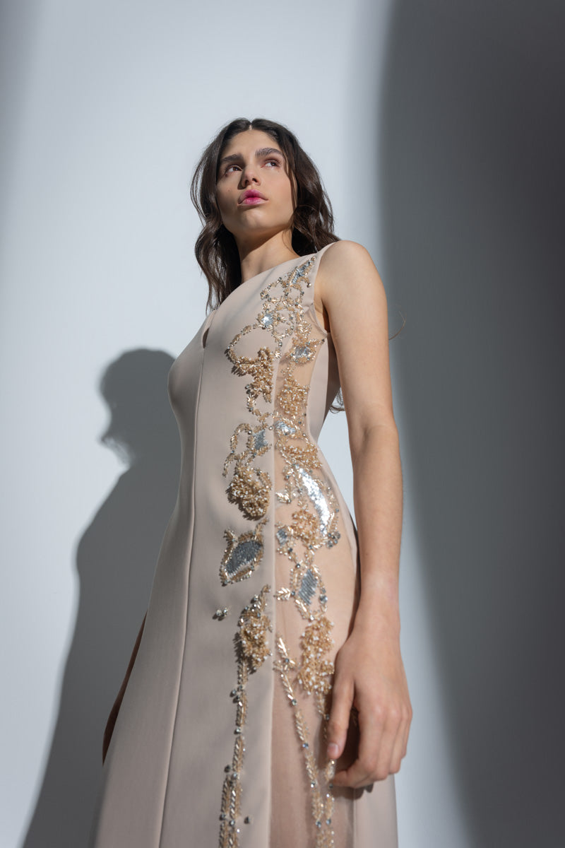 Almond Cady Hex Weave Embroidered Dress with Sheer Peek-A-Boo Panel Front Runway