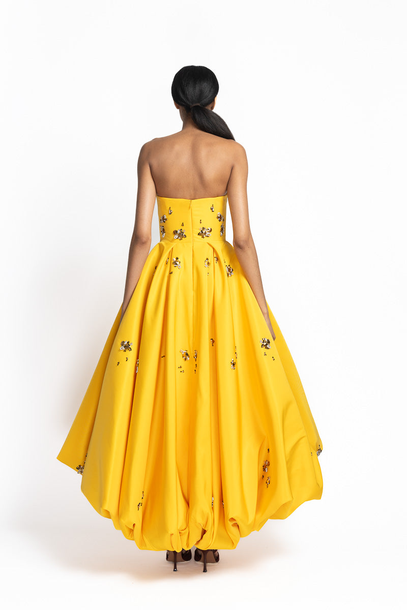 Marigold Faille Gown with Jugnu Embroidery with Bubble Hem Back