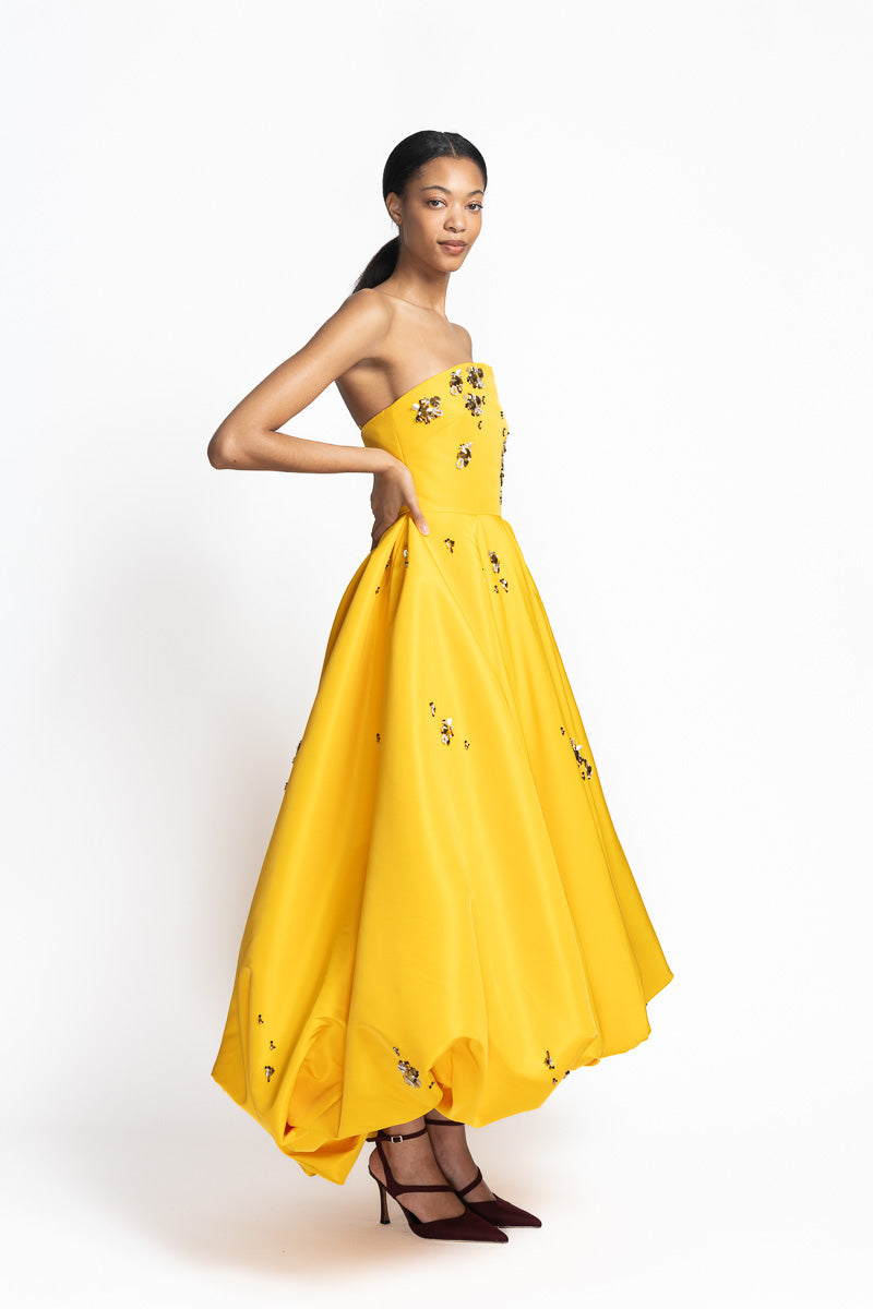 Marigold Faille Gown with Jugnu Embroidery with Bubble Hem Side One