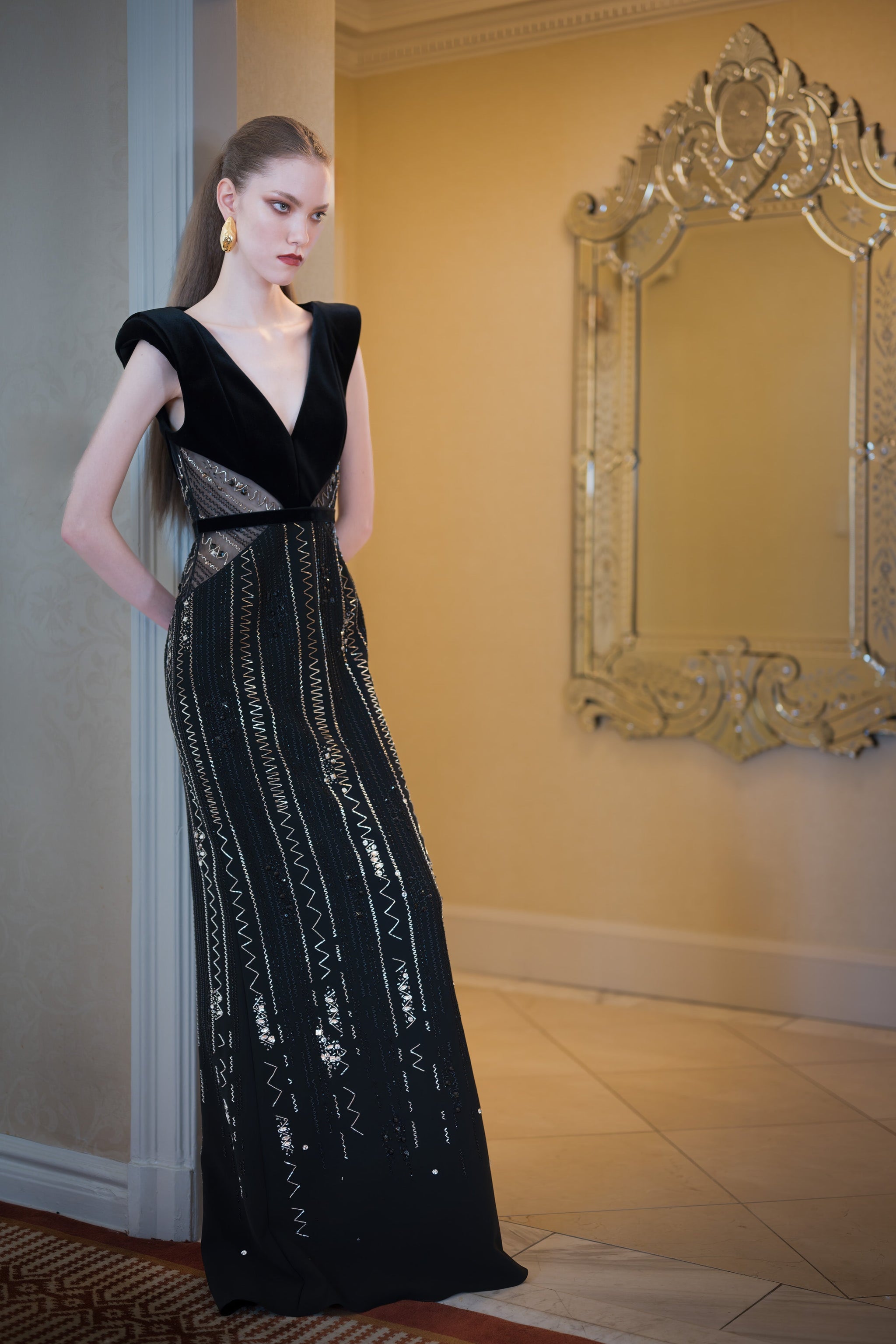 green emerald velvet dress Monsoon Light Embroidery Crepe And Velvet Column Gown