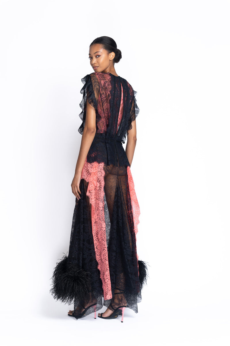 Onyx and Hibiscus Chantilly Lace Rialto Dress with Feathered Hem 4
