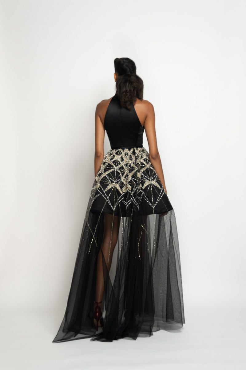 Onyx Double Face Duchess Satin Halter Dress with Bell Skirt and Sitara Embroidered Tulle Pareo 5